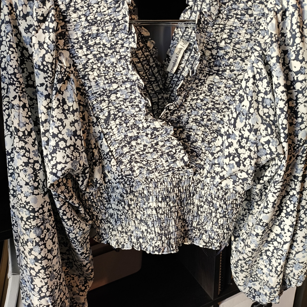 Abercrombie & Fitch Black and White Ruffled Wrap Blouse